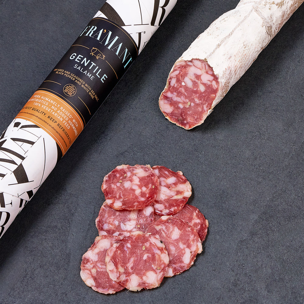 Fra' Mani Gentile Salame. Award wining gourmet Salami for chsalumi charcuterie sandwiches and more.