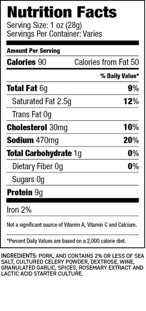 gourmet ingredietns and nutritonal information for fra' mani traditional salame gentile