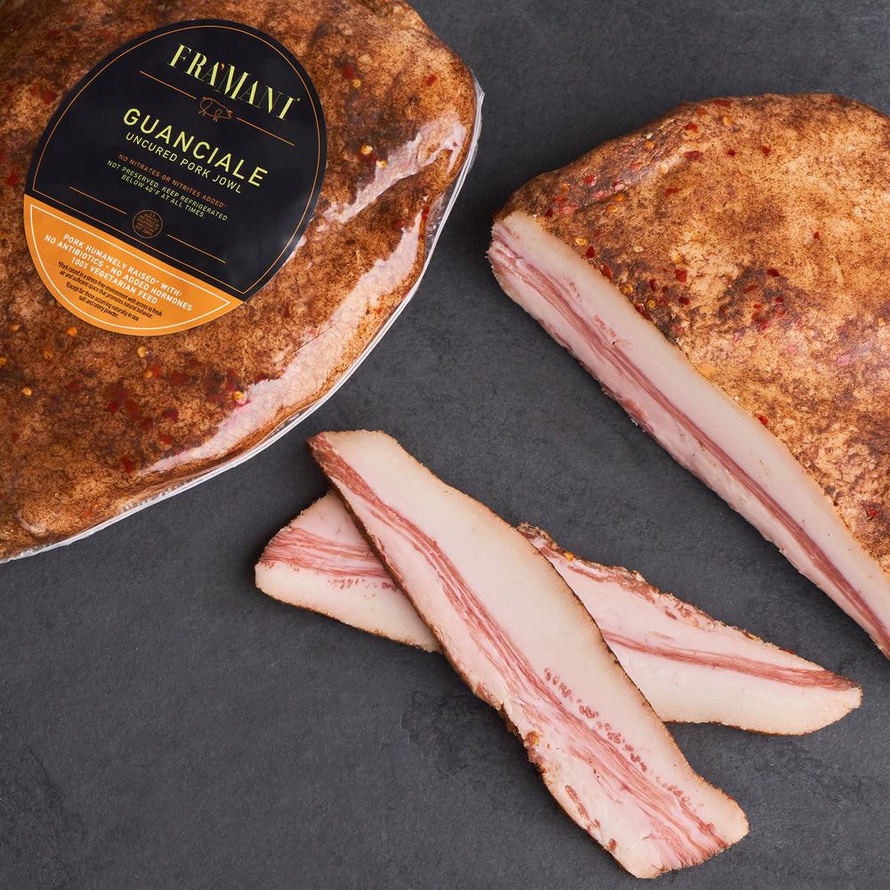 Gourmet Italian guanciale that is hand-trimmed premium pork jowls, expertly seasoned and dry-aged. Better than bacon and simialr to pancetta but from a differnt part of the pig.