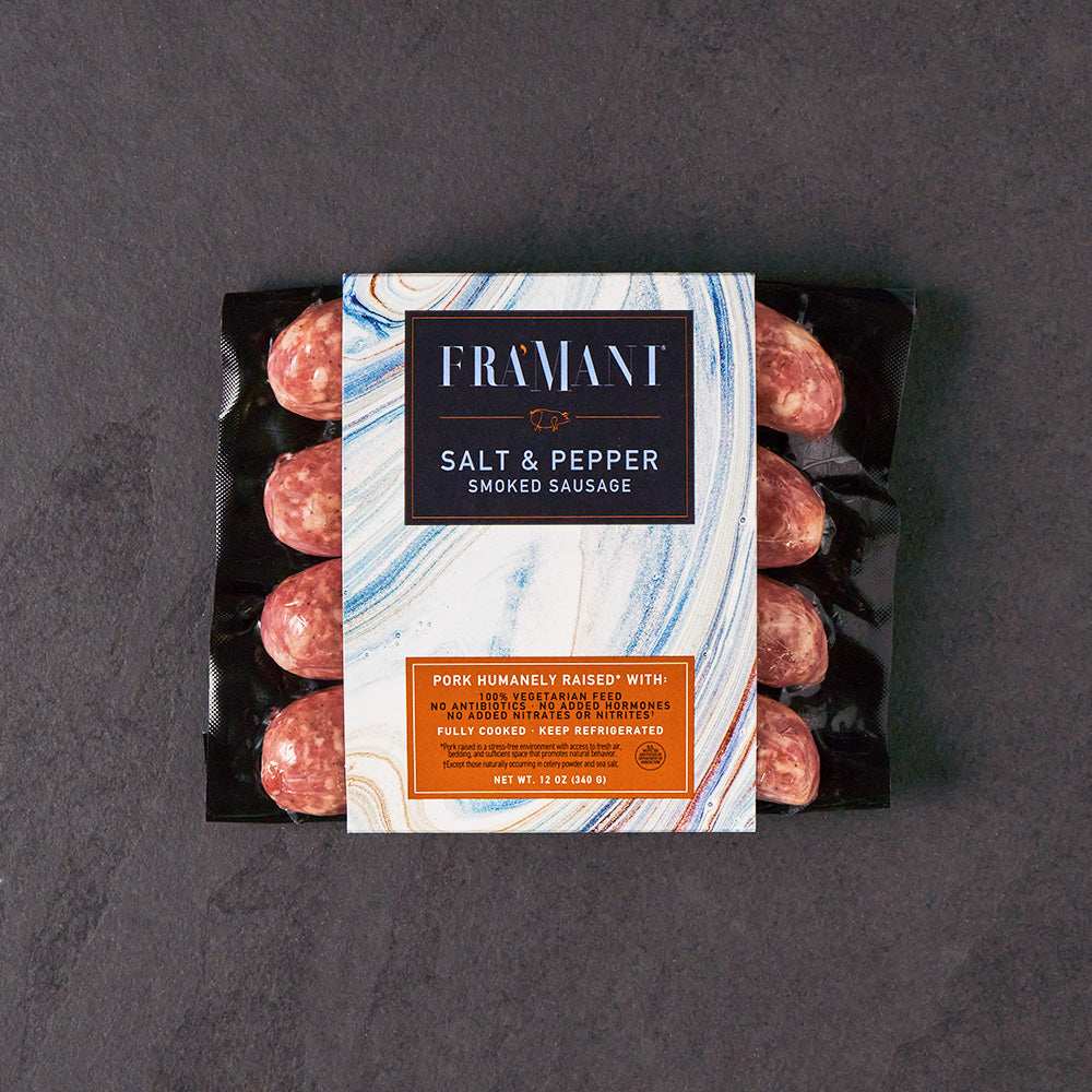 Fra' Mani Gourmet Salt & Pepper Smoked Sausage - Fully Cooked. 4 Pack - 12 Ounces