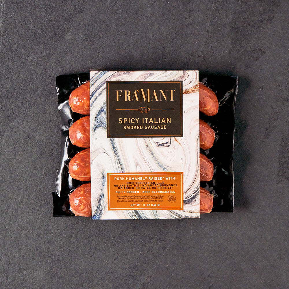 Fra' Mani Gourmet Spicy Italian Smoked Sausage - Fully Cooked. 4 Pack - 12 Ounces