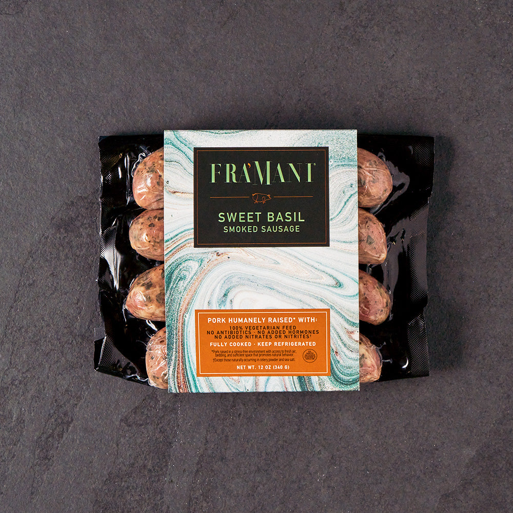 Fra' Mani Gourmet Sweet Basil Smoked Sausage - Fully Cooked. 4 Pack - 12 Ounces