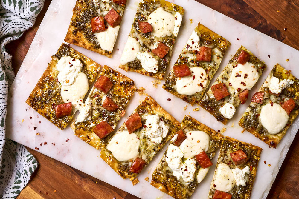 SAUSAGE, RICOTTA & PESTO CRISPY FLATBREAD