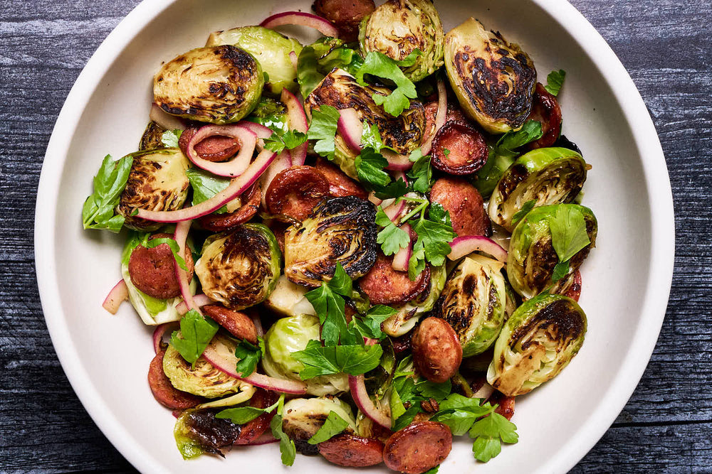 BRUSSELS WITH ITALIAN SAUSAGE AND PICKLED ONIONS