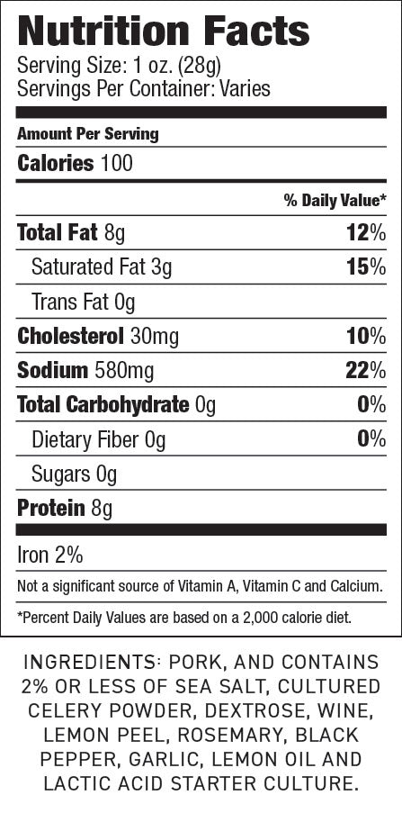 
                  
                    Ingredients and Nutritional Information Lemon + Rosemary Salame - The Best Gourmet Salami for Charcuterie Boards
                  
                