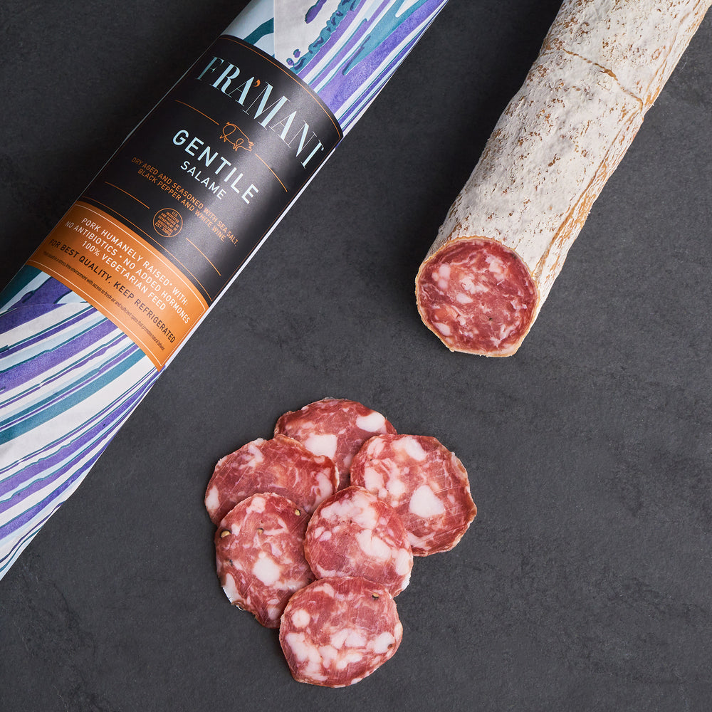 Fra' Mani Gentile Salame. Award wining gourmet Salami for chsalumi charcuterie sandwiches and more.