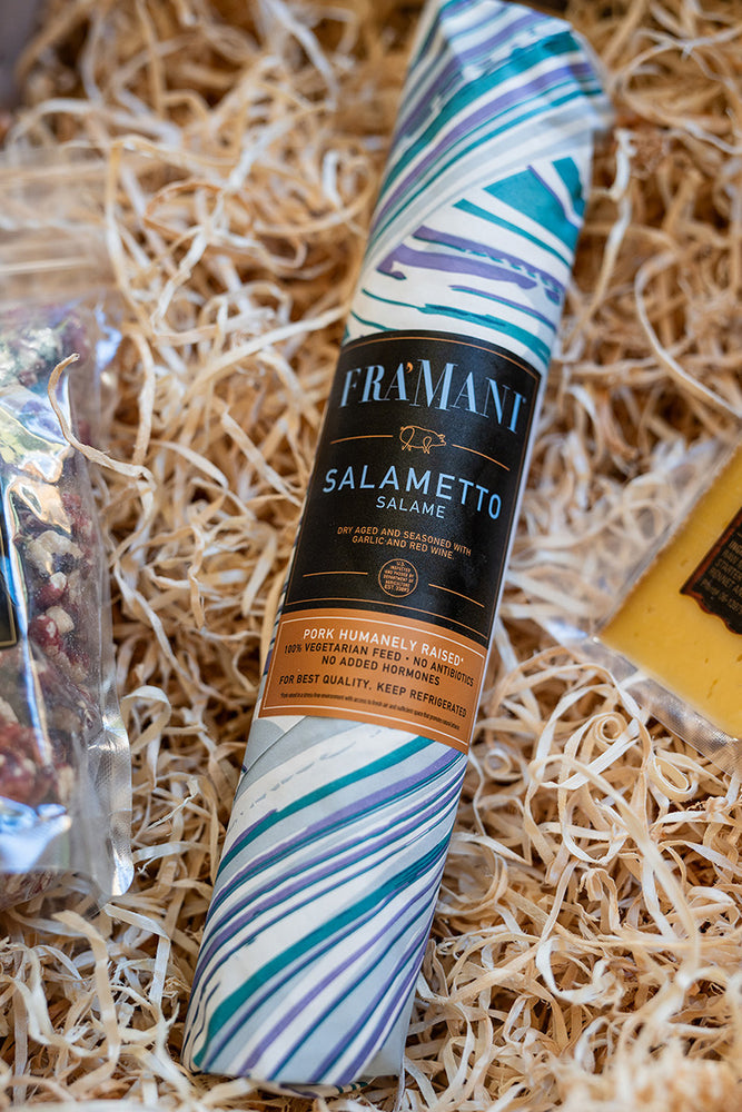 Fra' Mani Salametto Salami. Part of a gourmet gift box and perfect for salumi and charcuterie boards and gifts for foodies