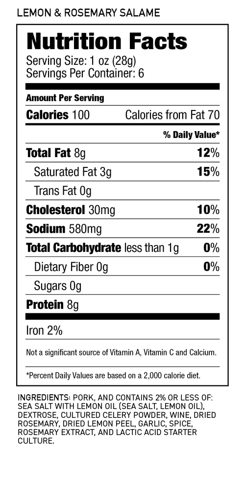 
                  
                    Nutrition facts label for lemon & rosemary salame on a white background
                  
                
