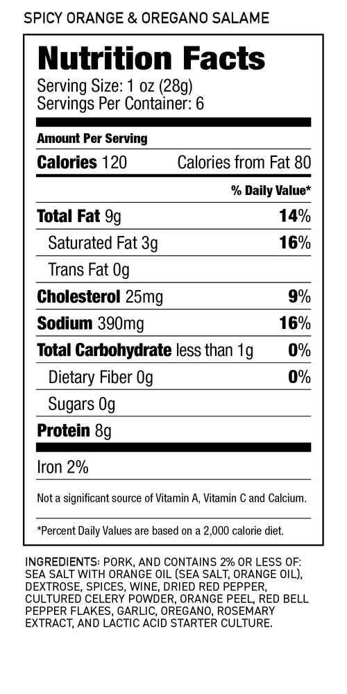 
                  
                    Nutrition facts label for Spicy Orange & Oregano Salame with serving size, calories, and ingredient list.
                  
                