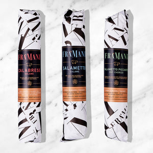 gourmet salami gift pack in a custom box. Artisan flavors calabrese, salametto, piccante